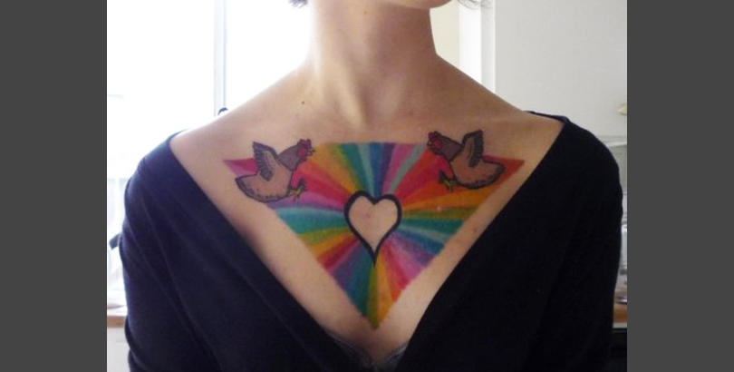 rainbow chicken chest tattoo, rainbow chicken boob tattoo, rainbow chest tattoo, rainbow cleavage tattoo, chicken chest tattoo, chest tattoo of chickens, cleavage tattoo of chickens, chest tattoo, cleavage tattoo, chest tattoos, cleavage tattoos